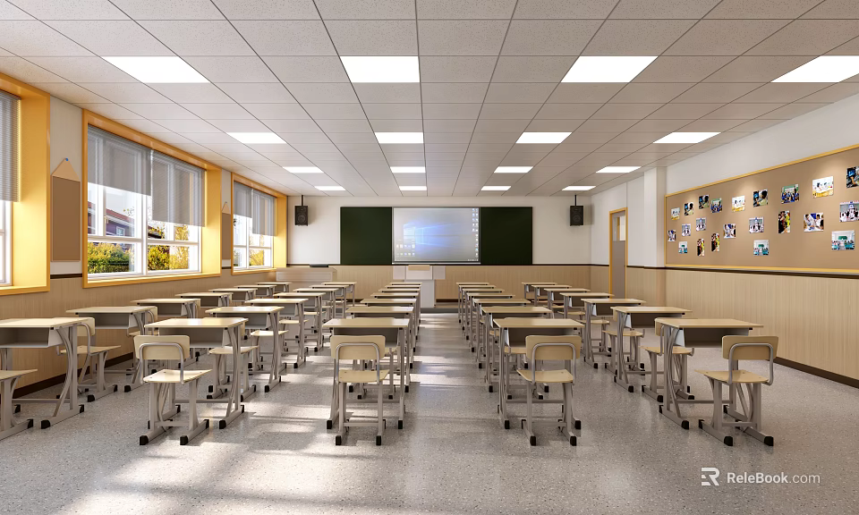 Bright School Classroom With Neatly Arranged Desks Chairs Blackboard And Display Wall 3d model 