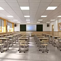 Bright School Classroom With Neatly Arranged Desks Chairs Blackboard And Display Wall