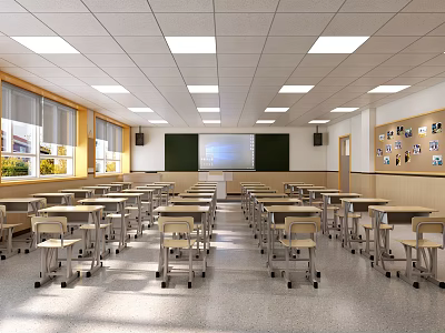 Bright School Classroom With Neatly Arranged Desks Chairs Blackboard And Display Wall 3d model
