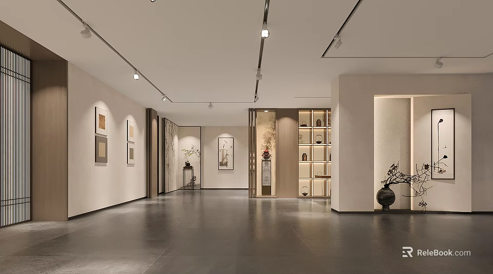 Modern Minimalist Gallery Interior With Paintings On Walls Shelving And Dark Flooring 3d model 
