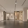 Modern Minimalist Gallery Interior With Paintings On Walls Shelving And Dark Flooring