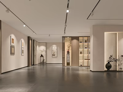 Modern Minimalist Gallery Interior With Paintings On Walls Shelving And Dark Flooring 3d model