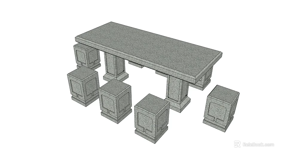 Modern Stone Table and Chair Set with Square Stools and Sturdy Design 3d model