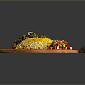 Fragrant Yellow Rice with Curry Chicken Green Sauce Red Peppers and Lemon on Wooden Platter