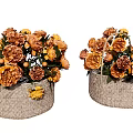 Beautiful Orange And Yellow Flowers In Wicker Baskets With Green Leaves