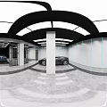 Modern Garage Interior With Geometric Ceiling Lights Metal Gate Partitions And Sports Cars