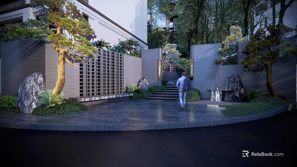 Scenic Park Landscape With Modern White Building Lattice Wall Pine Tree Stone Steps And Greenery 3d model 