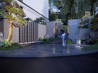 Scenic Park Landscape With Modern White Building Lattice Wall Pine Tree Stone Steps And Greenery 3d model