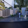 Scenic Park Landscape With Modern White Building Lattice Wall Pine Tree Stone Steps And Greenery