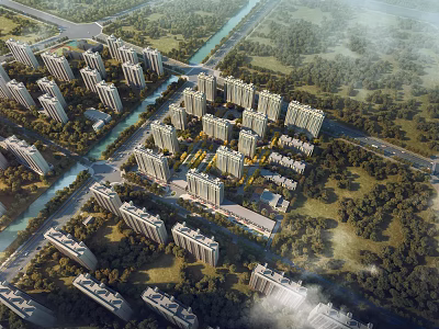 Aerial Planning of Modern Residential Area With High Rise Buildings Green Spaces and River 3d model