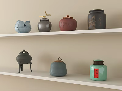 Stylish Ceramic Vessels Displayed on White Shelves with Various Colors and Decorative Details 3d model