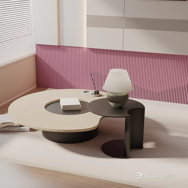 Sofa and Coffee Table Set Featuring Round Beige Top Black Base Against Pink Striped Wall 3d model