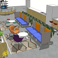 Modern Lounge Area Interior With Yellow Chairs Round Table TV Screen And Green Plants