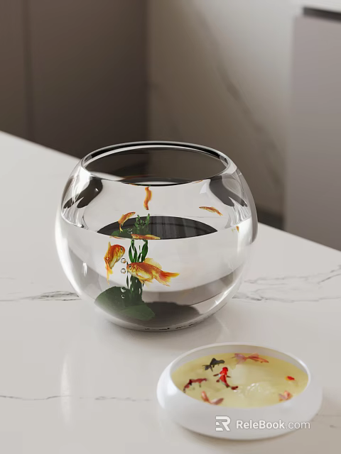 Transparent Spherical Fishbowl With Goldfish And Aquatic Plants On White Countertop Interior Decor 3d model 
