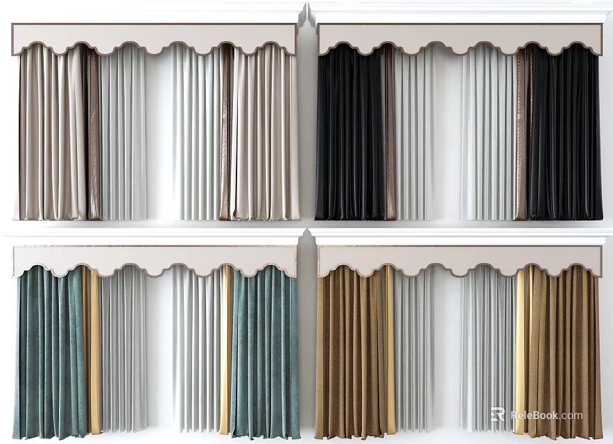Multiple Colors Fabric Curtains With Scalloped Valance For Home Interior Design 3d model 