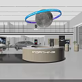 Spacious Car Showroom Interior Featuring FORTHING Reception Desk And Circular Moon Light Decor 3d model