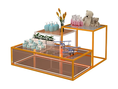 Orange Frame Display Shelf With Blue Pink Bottles Teddy Bear Airplane Model And Green Plants 3d model