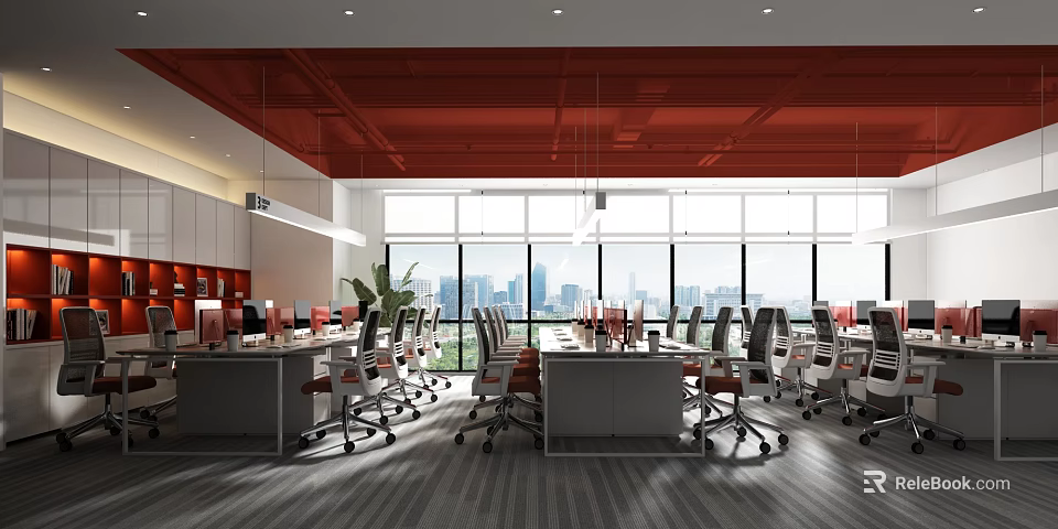 Modern Public Office Space With Red Ceiling Large Windows Desks Office Chairs And Green Plants 3d model 