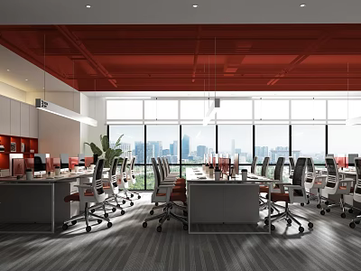 Modern Public Office Space With Red Ceiling Large Windows Desks Office Chairs And Green Plants 3d model
