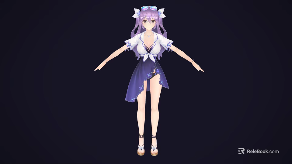 Game And Movie Character Purple Hair White Top Purple Skirt Bow Accessories High Heels 3d model 