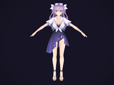 Game And Movie Character Purple Hair White Top Purple Skirt Bow Accessories High Heels 3d model