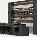 Modern Bar Counter With High Bar Stools Wine Rack And Glassware 3d model