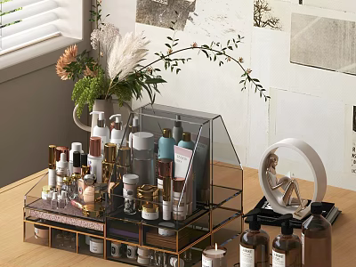 Perfume and Cosmetics on Transparent Acrylic Organizer Table Display with Flowers and Wall Decor 3d model