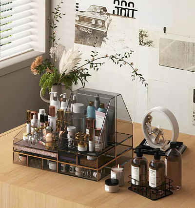 Perfume and Cosmetics on Transparent Acrylic Organizer Table Display with Flowers and Wall Decor 3d model