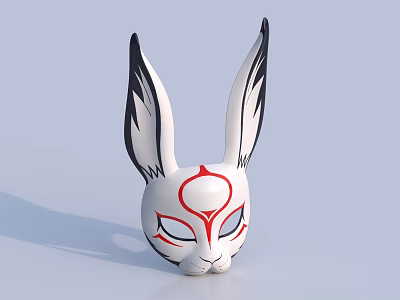 Decorative White Rabbit Mask With Black Ears And Red Facial Patterns 3d model