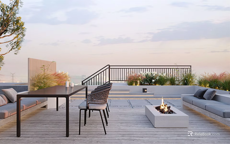 Rooftop Garden With Wooden Deck Outdoor Furniture Fire Pit Railing Plants And Sunset View 3d model 