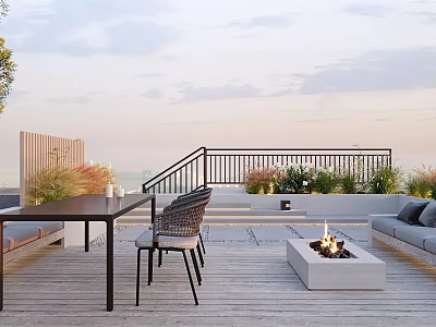 Rooftop Garden With Wooden Deck Outdoor Furniture Fire Pit Railing Plants And Sunset View 3d model