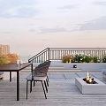 Rooftop Garden With Wooden Deck Outdoor Furniture Fire Pit Railing Plants And Sunset View