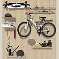 Pegboard Wall Decor with Bicycle Tennis Racket Hats and Shoes