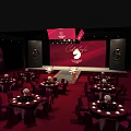 Elegant Event Venue Setup With Red Stage Backdrop Cafe Logo And Dining Tables