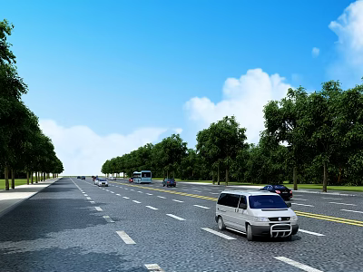 Well Designed Road Facilities With Two Way Lanes Yellow Dividing Lines And Roadside Trees 3d model