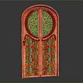 Arched Entrance Door With Red Frame And Green Intricate Patterned Panels