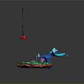 Blue Character With Red Hat Standing On Green Platform With Purple Flowers And Hanging Rope