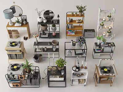 Multi Tier Metal and Wooden Storage Shelves with Plants Books and Decorative Items 3d model