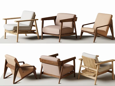 Stylish Leisure Chairs With Wooden Frames And Soft Neutral Colored Cushions 3d model