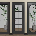 Dark Colored Hinged Doors With Frosted Grid Arched Glass And Brass Handles