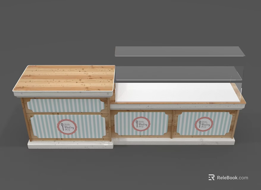 Bakery Dessert Display Counter With Wooden Top Striped Panels Circular Logos And Glass Shelves 3d model 