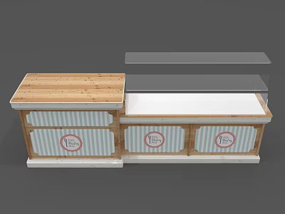 Bakery Dessert Display Counter With Wooden Top Striped Panels Circular Logos And Glass Shelves 3d model