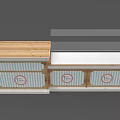 Bakery Dessert Display Counter With Wooden Top Striped Panels Circular Logos And Glass Shelves