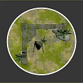 Ancient Ruins Landscape With Broken Stone Walls Pillars Green Vines Ferns On Sandy Mossy Ground