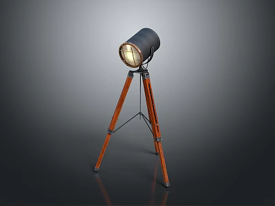 Vintage Tripod Spotlight With Wooden Legs And Illuminated Metal Head 3d model