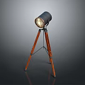 Vintage Tripod Spotlight With Wooden Legs And Illuminated Metal Head