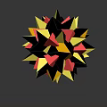 Cartoon Scene With Yellow Red Triangles And Glossy Polyhedron Sphere On Dark Background
