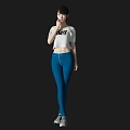 Woman in White Crop Top with MOM Print and Blue Leggings in Black Background