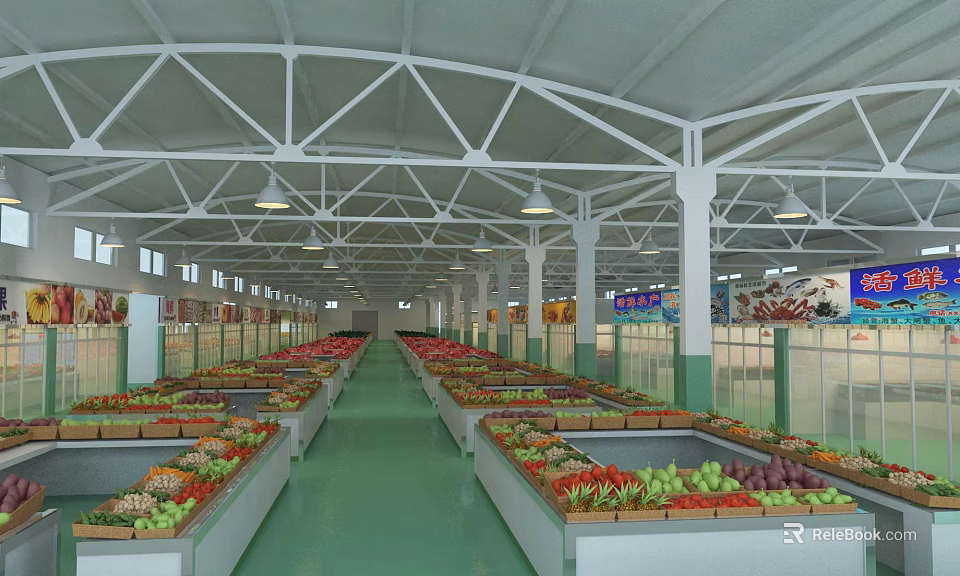 Supermarket Interior With Neatly Arranged Shelves Full Of Various Fresh Fruits And Vegetables 3d model 