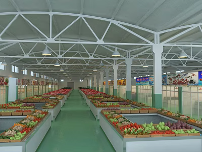 Supermarket Interior With Neatly Arranged Shelves Full Of Various Fresh Fruits And Vegetables 3d model